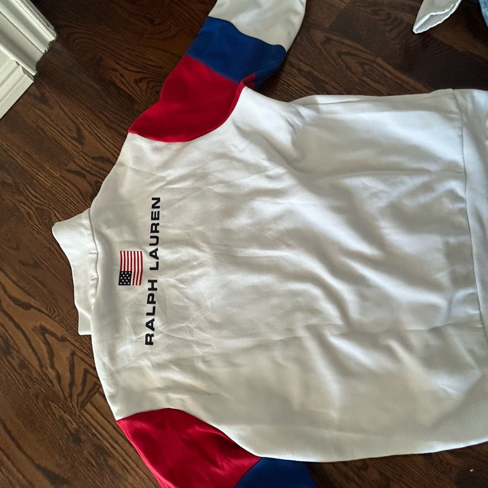 Very comfy white, red and blue Polo quarter zip. Size XL